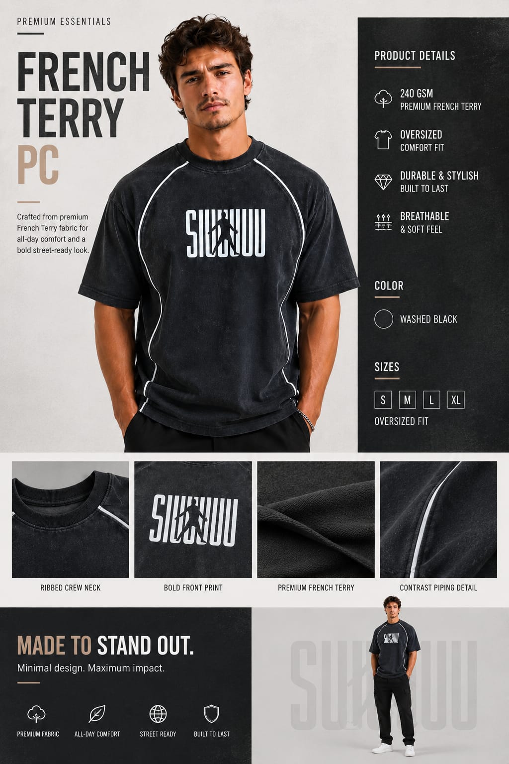 SYKO French Terry Oversized Washed Black T-Shirt